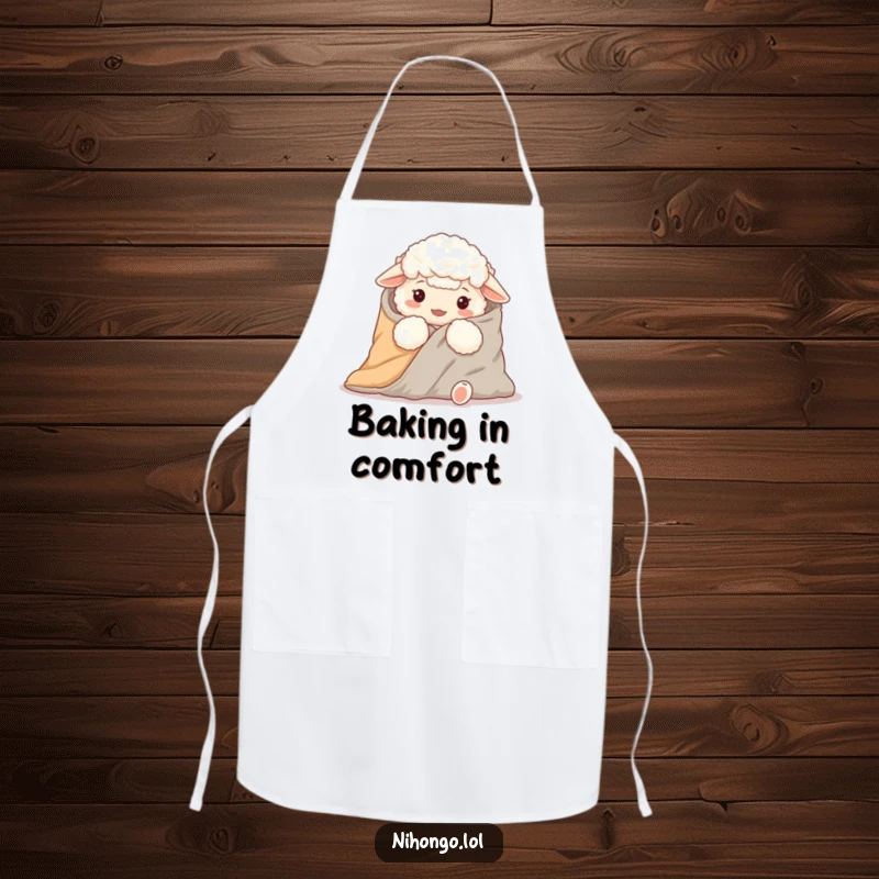 Funny kitchen apron depicting a fluffy sheep trying to wrap itself in a futon blanket while preparing food.