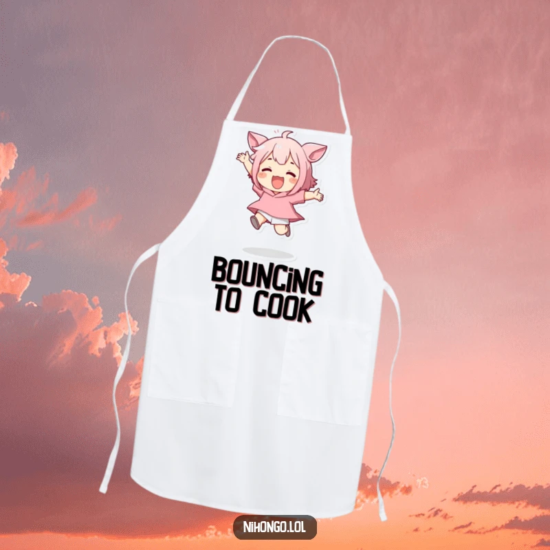 Funny apron with a character energetically jumping, arms and legs flailing, ready to add fun to any cooking or baking task.