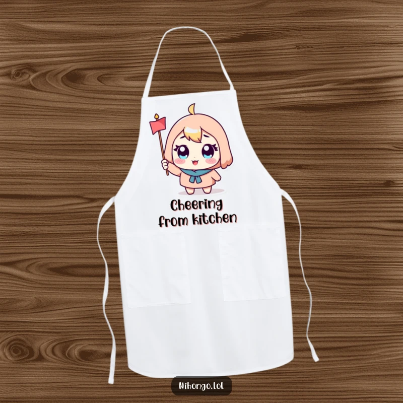 Funny apron with a cute character, big eyes, and a small flag, enthusiastically waving, perfect for a joyful kitchen.