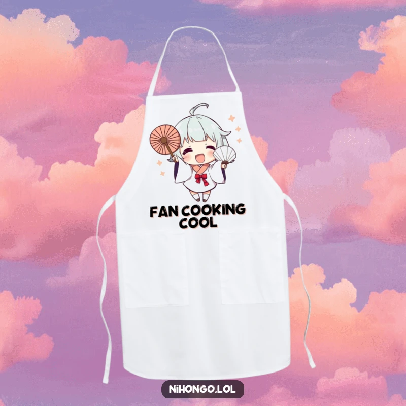 Funny Apron: Character excitedly waves a fan with dynamic brush strokes, bringing artistic energy and humor to kitchen activities.
