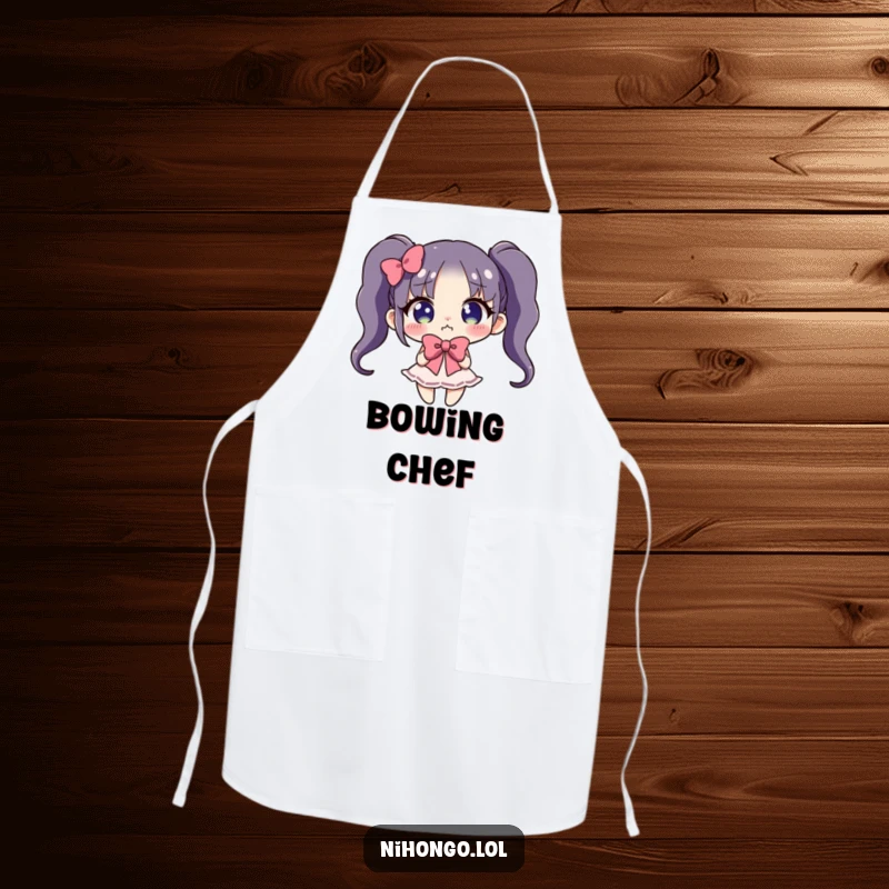 Funny apron showing a character in a clumsy, exaggerated bow, perhaps dropping something, adding humor to kitchen duties.