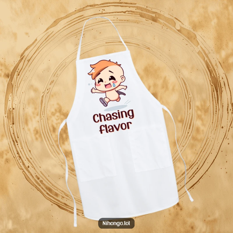 Funny apron depicting a chef character in a frantic dash, sweat beads flying, ready for a speedy cooking challenge.