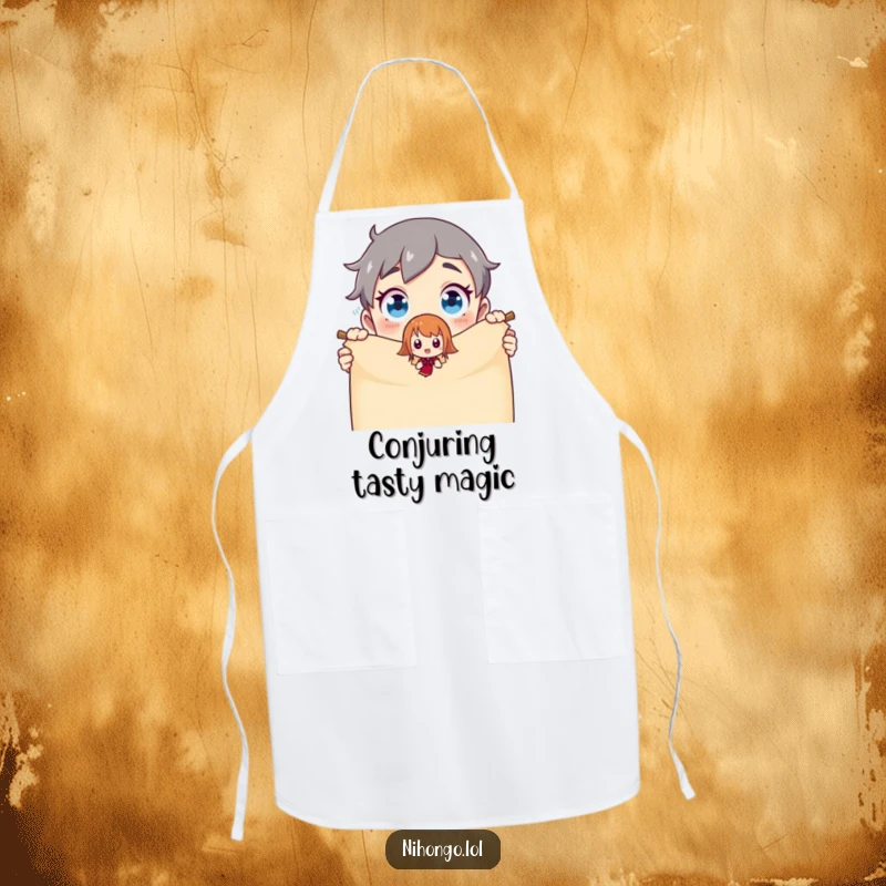 Funny Apron: A surprised character’s reaction to a magical animated figure appearing from a scroll, bringing humor to the kitchen.