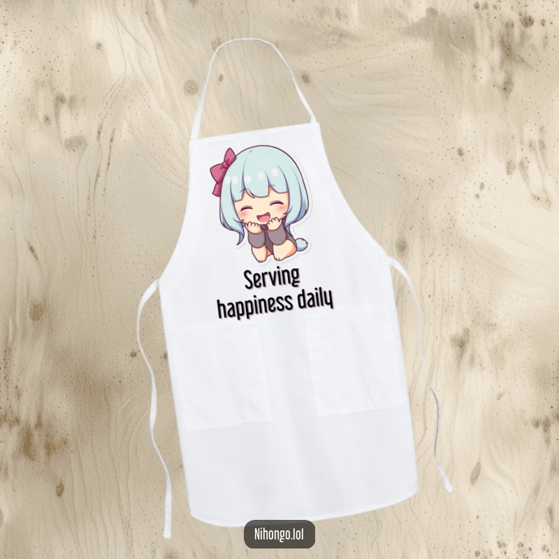 Funny bowing character apron, a functional kitchen garment featuring a figure bowing deeply with a happy smile, adding cheerful politeness to cooking.