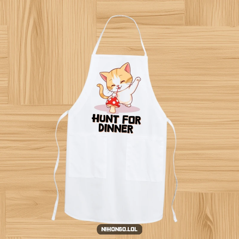 Funny kitchen apron depicting a playful cat enthusiastically chasing a tiny red mushroom, mistaking it for a laser pointer.