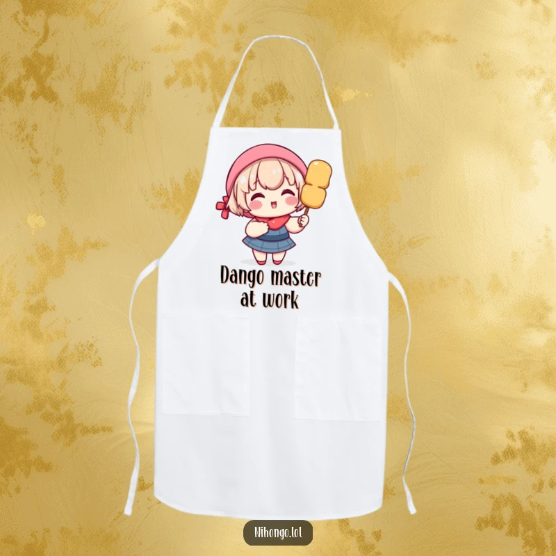 Funny apron for bakers featuring a delighted character, rosy cheeks, holding a giant dango skewer, kitchen fun.