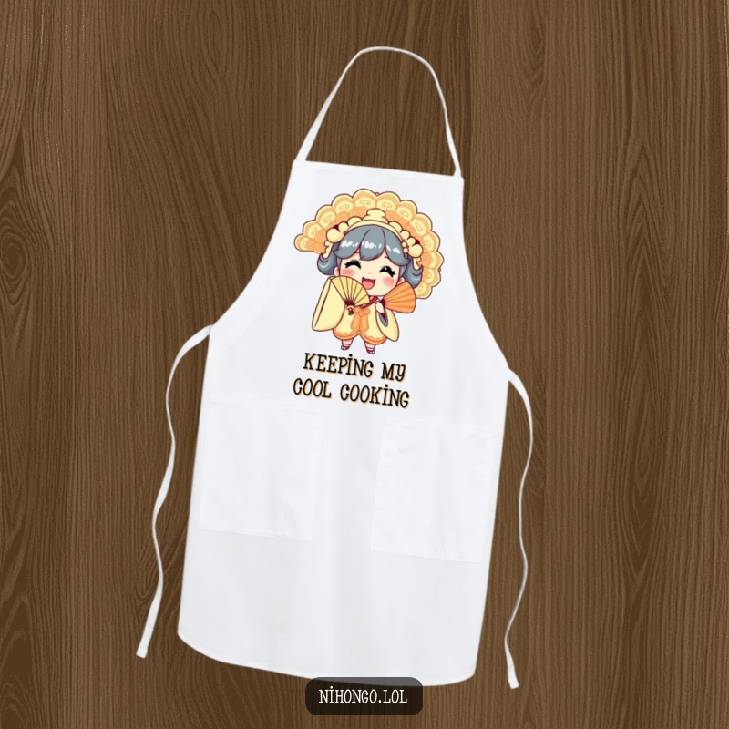 Funny apron depicting a cheerful character waving a large, decorative fan, perfect for a fun-filled kitchen.