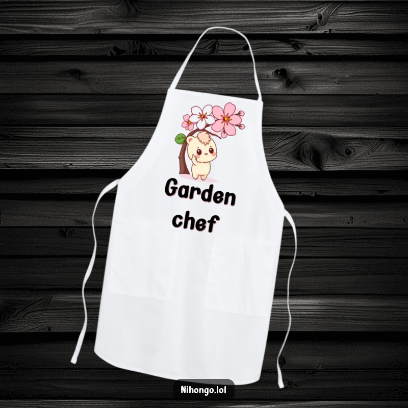 Funny Apron featuring a curious character pointing at a stylized cherry blossom, perfect for garden tasks.