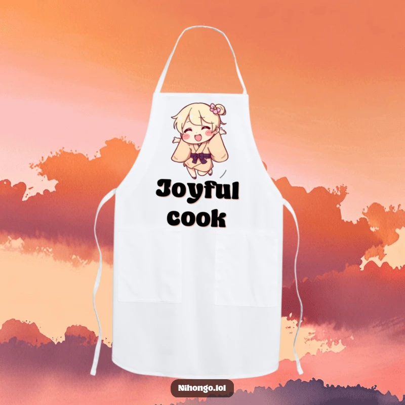 Funny Apron featuring a playful character in a kimono jumping energetically, perfect for the creative cook.