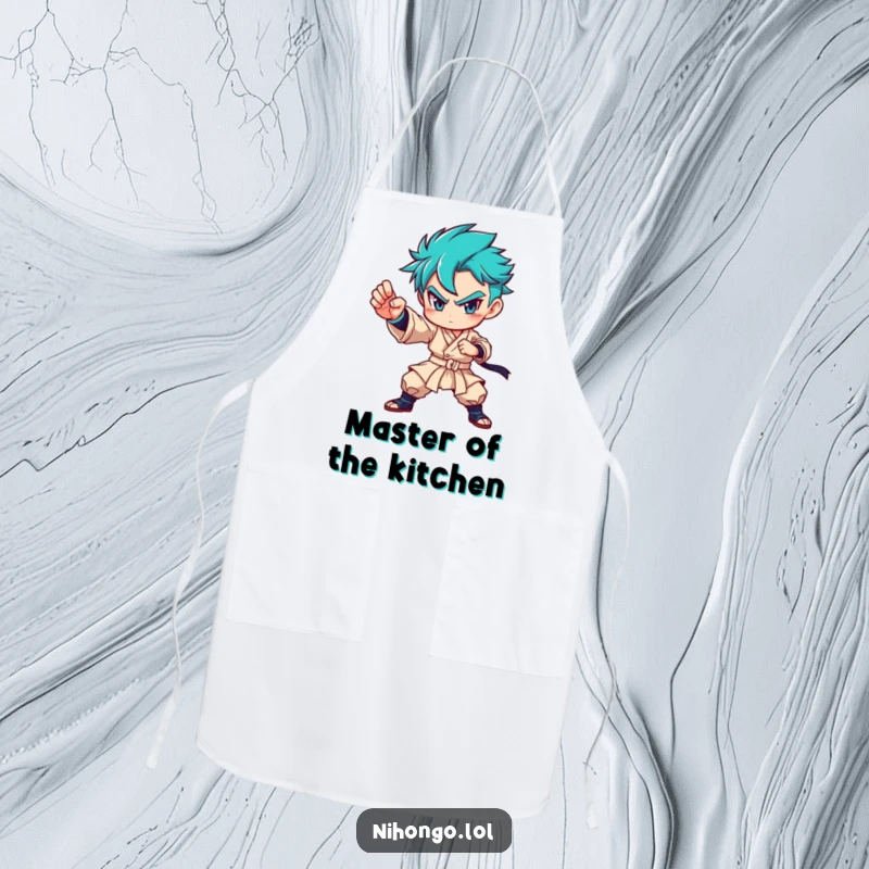 Funny apron depicting a determined character in a focused martial arts pose, ideal for cooking with precision and humor.
