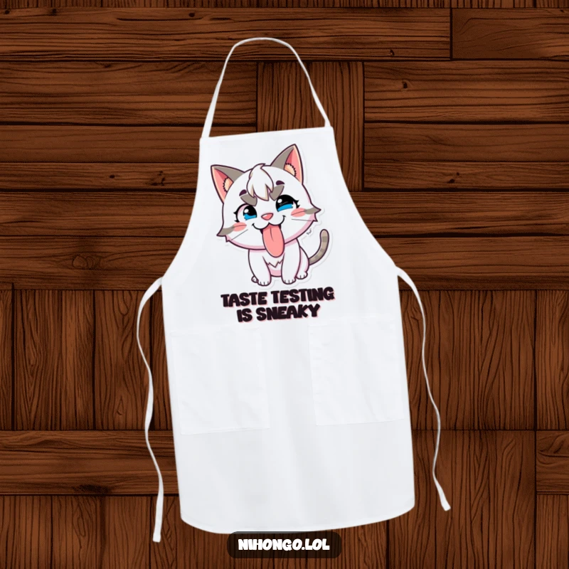 Funny apron featuring a mischievous character with cat ears, sticking its tongue out playfully with a grin.