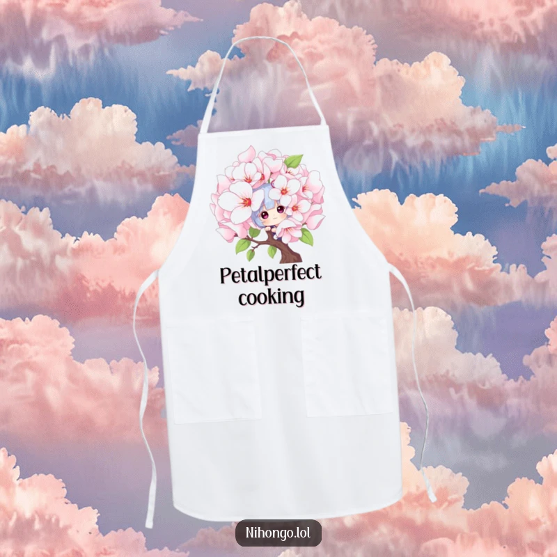 Funny peekaboo apron: a playful character peeks from behind giant cherry blossoms, adding humor and charm to kitchen tasks.