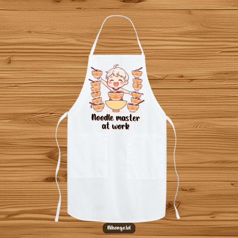 Funny apron showing a smiling character balancing numerous bowls of ramen, great for kitchen fun.