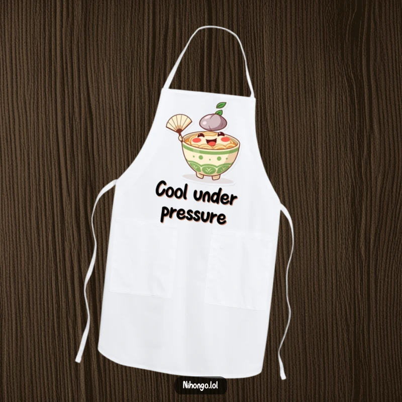 Funny Ramen Bowl Apron: A cheerful ramen character wearing an apron and fanning, ready for culinary adventures.