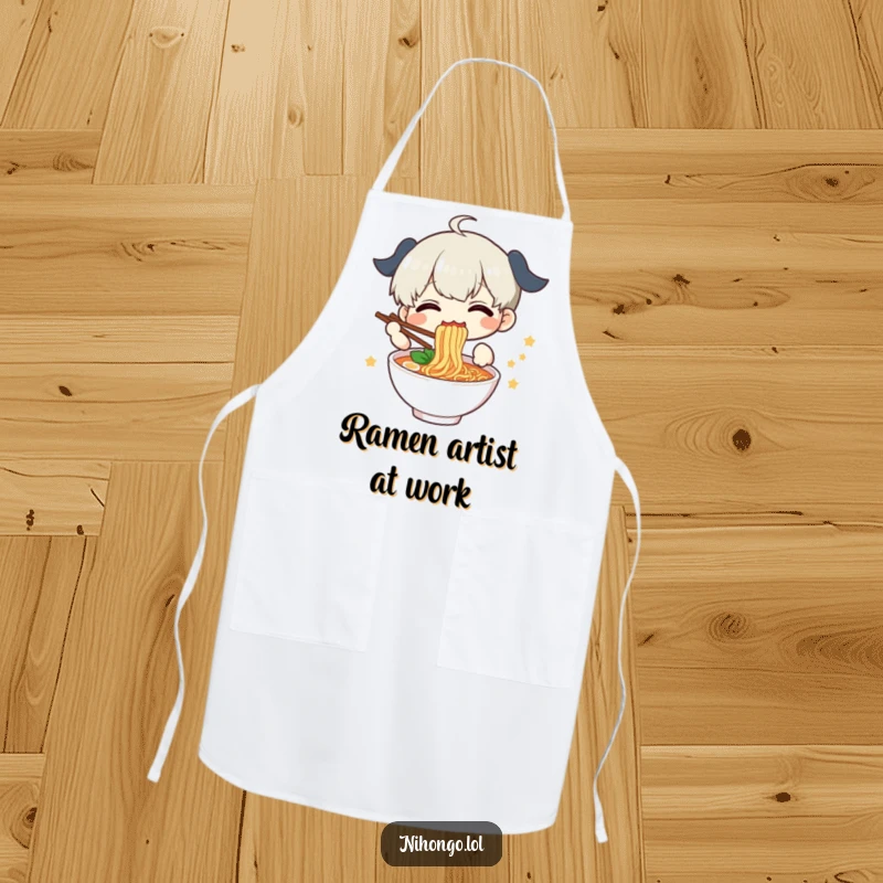 Funny Apron featuring a delighted character enthusiastically enjoying a bowl of ramen, perfect for kitchen fun.