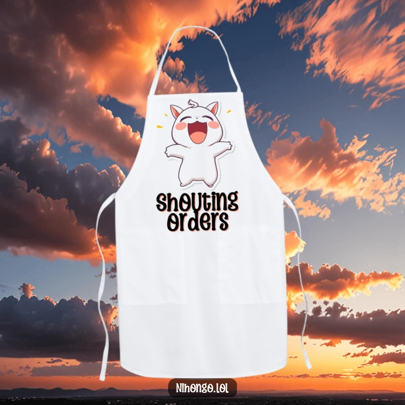 Funny apron featuring a character joyfully shouting, mouth wide open, ready to tackle kitchen tasks with a fun and energetic spirit.