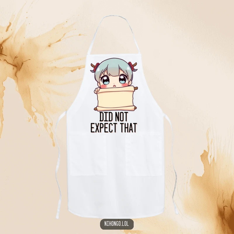 Funny Apron with a character showing wide-eyed surprise while reading a scroll, perfect for chefs and kitchen enthusiasts who enjoy humor.