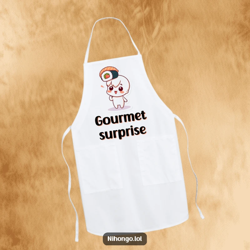 Funny apron featuring a curious character pointing with excitement at a floating sushi roll, ideal for the adventurous chef.
