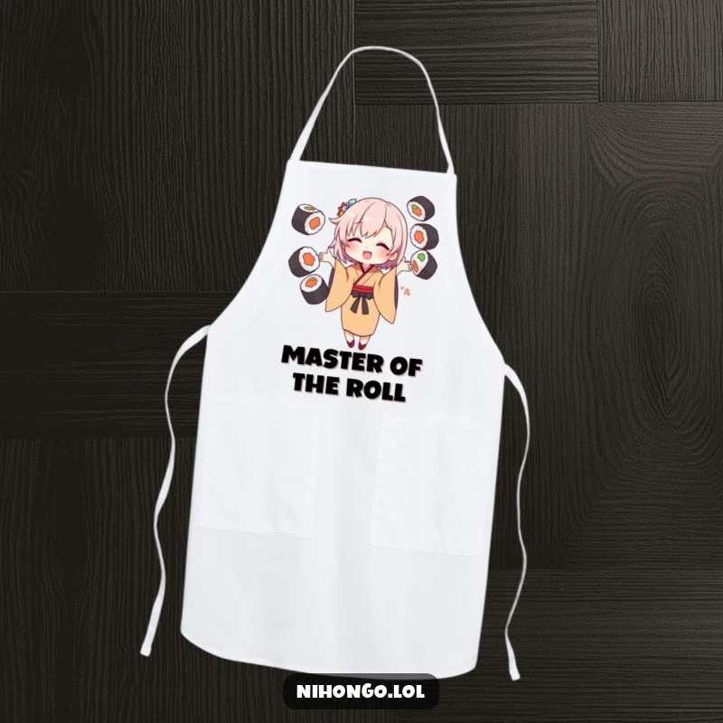 Funny Apron showing a character in a kimono juggling sushi rolls, ideal for a playful cooking experience.