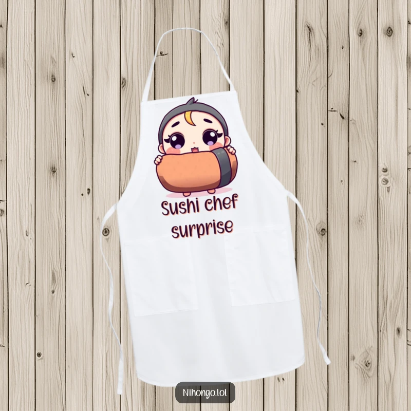 Funny apron showing a surprised character holding a giant sushi roll, perfect for kitchen use with a humorous touch.