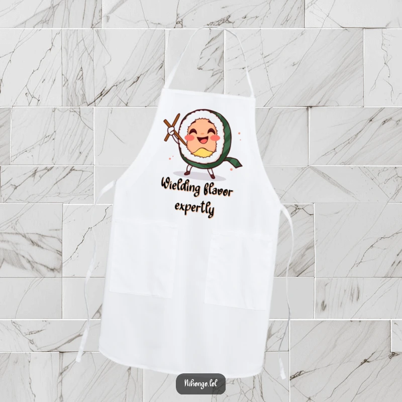Funny apron with a smiling sushi roll character performing a comedic sword dance with chopsticks, ideal for chefs.