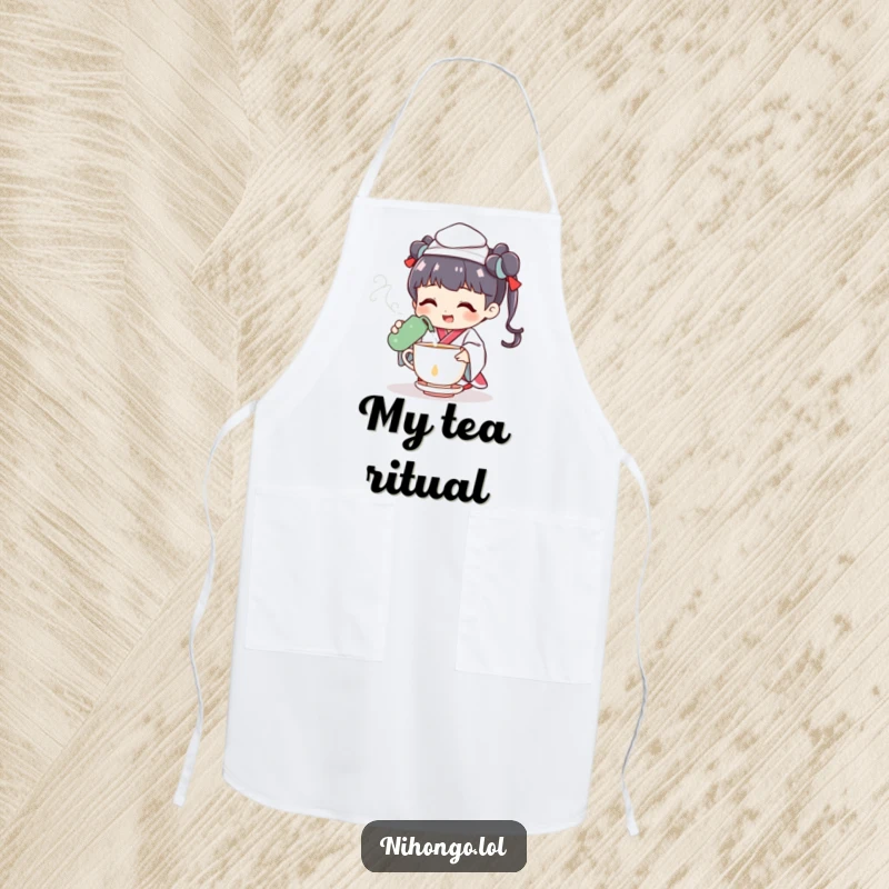 Funny apron for hosts featuring a cheerful tea ceremony character pouring tea with a flourish, kitchen elegance and humor.