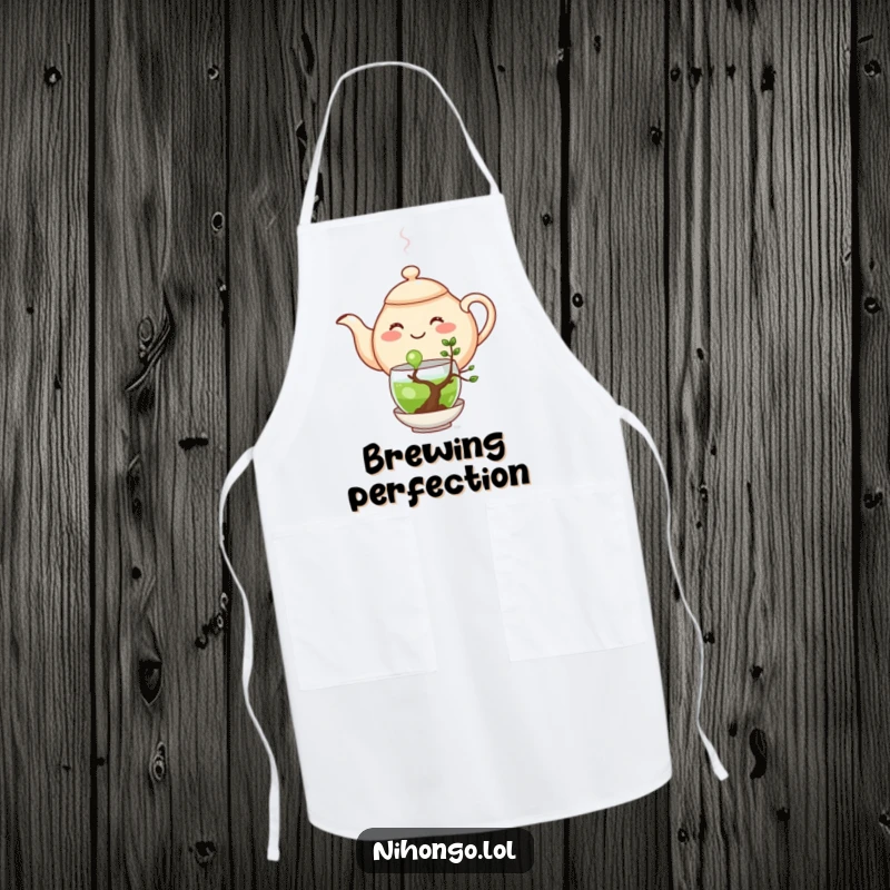 Funny apron graphic of a happy teapot pouring green tea into a tiny bonsai tree, whimsical chef accessory.