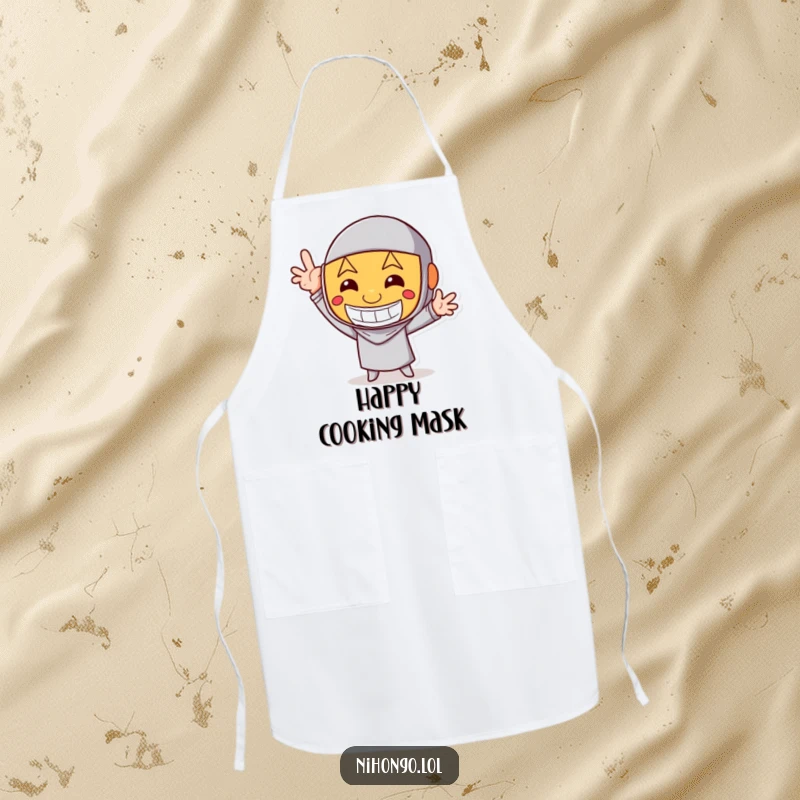 Funny Apron: Character wearing a happy mask strikes a funny pose, bringing playful humor and a cheerful spirit to kitchen activities.