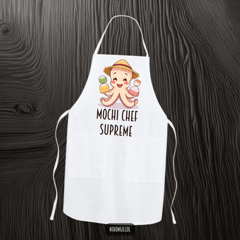 Funny kitchen apron showing a smiling octopus wearing a straw hat, juggling three different types of mochi with its tentacles.