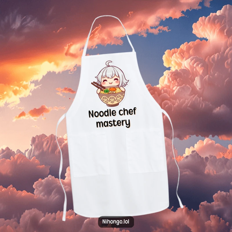 Funny apron with a smiling character holding a steaming bowl of ramen with chopsticks, perfect for a happy kitchen.