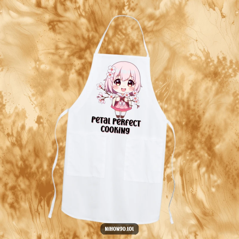 Funny apron featuring a smiling character holding cherry blossoms, ideal for adding joy to cooking and baking.