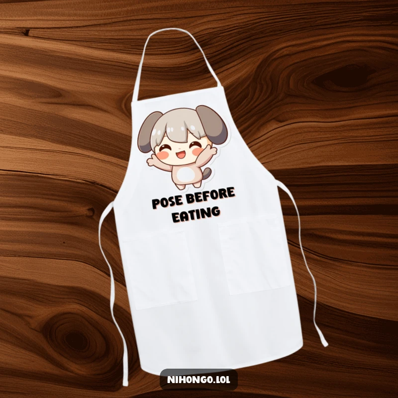 Funny Posing Apron: Stylish apron featuring a character striking a funny pose with a smile, perfect for cooking with personality.