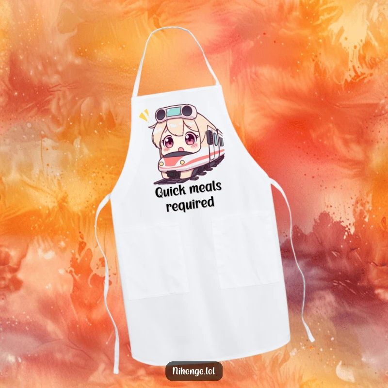 Funny apron featuring a surprised character with wide eyes looking at a small bullet train, perfect for kitchen fun.