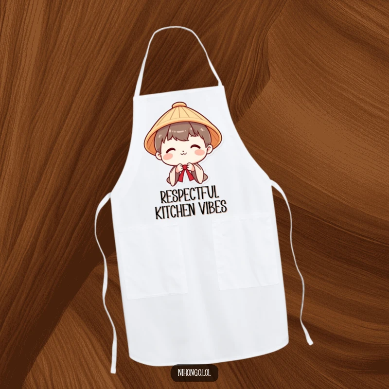 Funny apron featuring a smiling character in a Japanese hat, bowing politely, perfect for kitchen duties with flair.