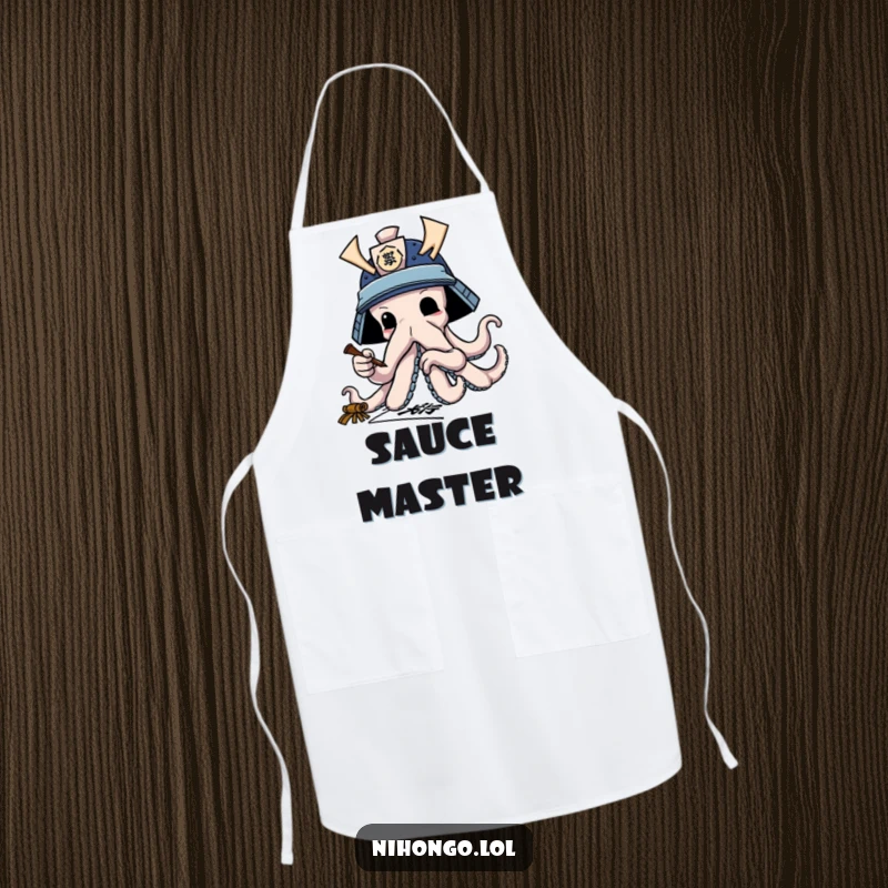 Funny apron graphic of an octopus wearing a samurai helmet, practicing calligraphy with tentacles, humorous for cooks.