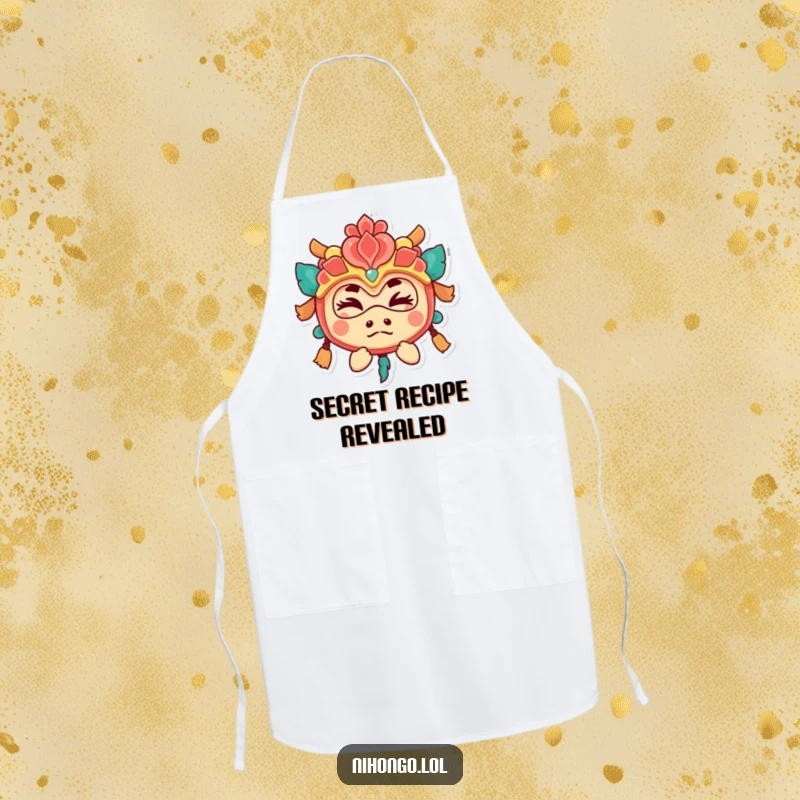 Funny apron for chefs with a playful character in a festival mask, peeking out with a secret wink, kitchen humor.