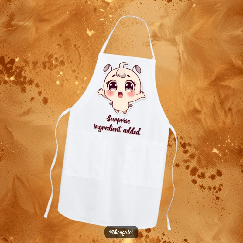 Funny apron for cooks featuring a surprised character with huge eyes, jumping with culinary excitement, kitchen humor.