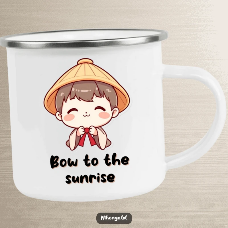 Funny camping mug with a smiling character in a Japanese hat bowing politely, perfect for enjoying beverages outdoors.