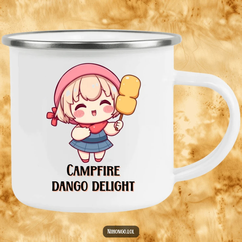 Funny camping mug with a delighted character, rosy cheeks, happily holding a giant dango skewer, perfect for outdoors.