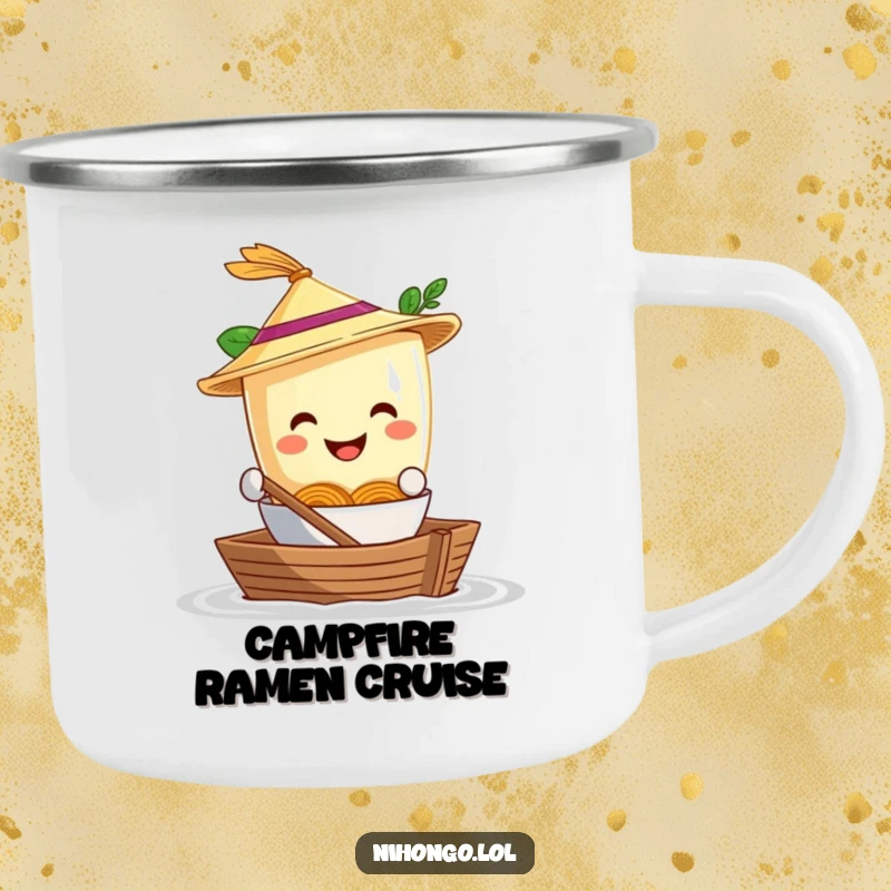 Funny Camping Mug: A smiling ramen bowl in a straw hat paddles a shoebox boat, a humorous and durable mug for outdoor use.