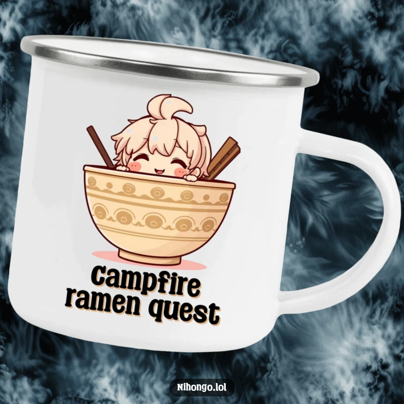 Funny Ramen Camping Mug: Sturdy mug featuring a character peeking over a ramen bowl, ideal for outdoor dining and laughs.