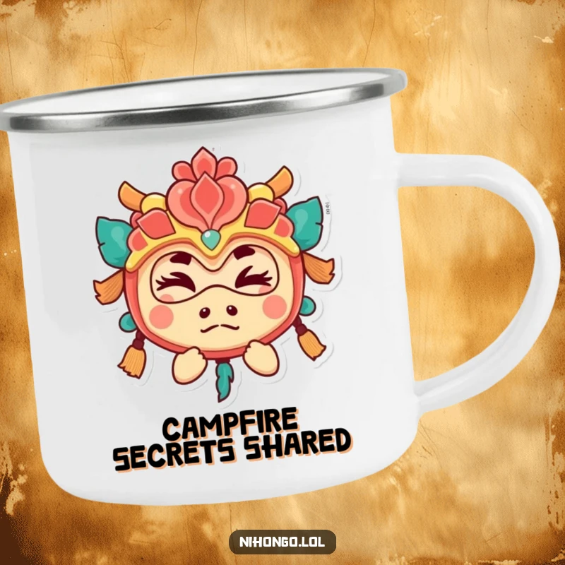 Funny camping mug with a playful character in a festival mask, peeking out with a wink, great for outdoor trips.