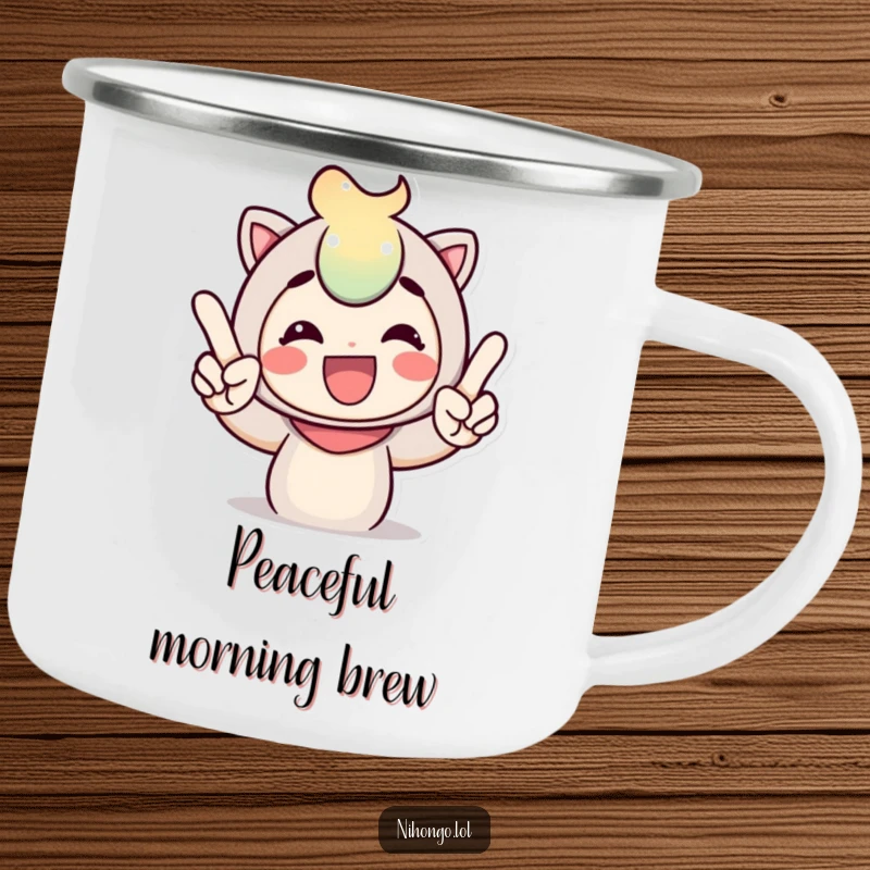 Funny camping mug featuring a cheerful character giving a peace sign with expressive fingers, perfect for hot drinks during outdoor excursions.