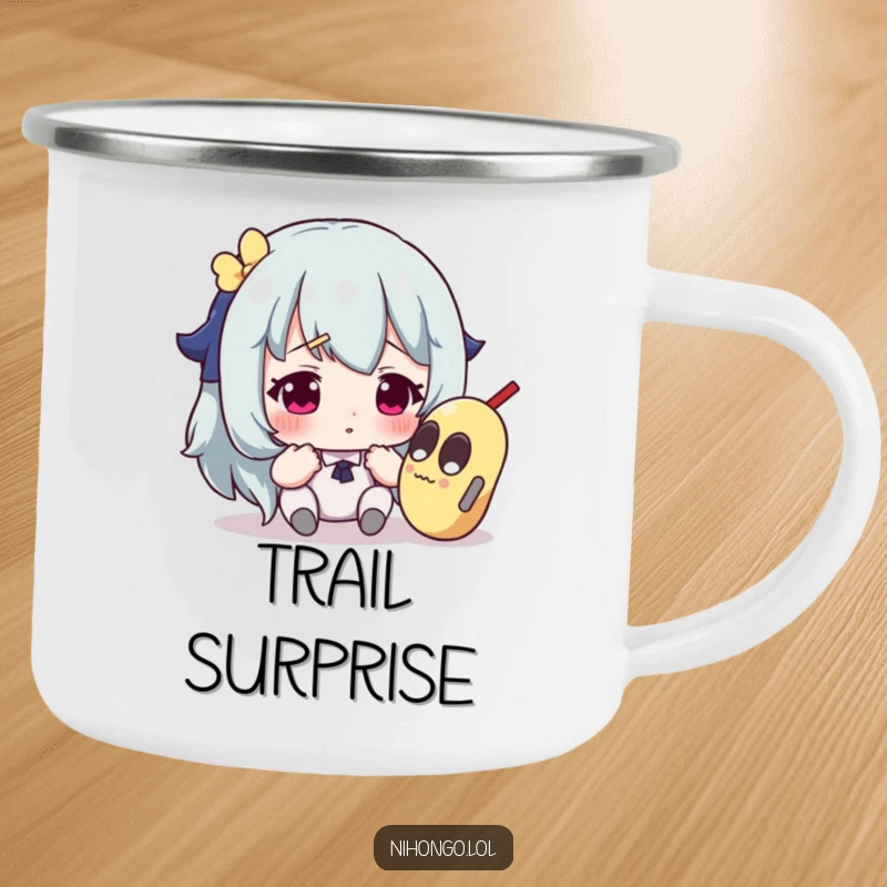 Funny camping mug featuring a character looking perplexed at a strange object found in the wilderness, ready for adventure.