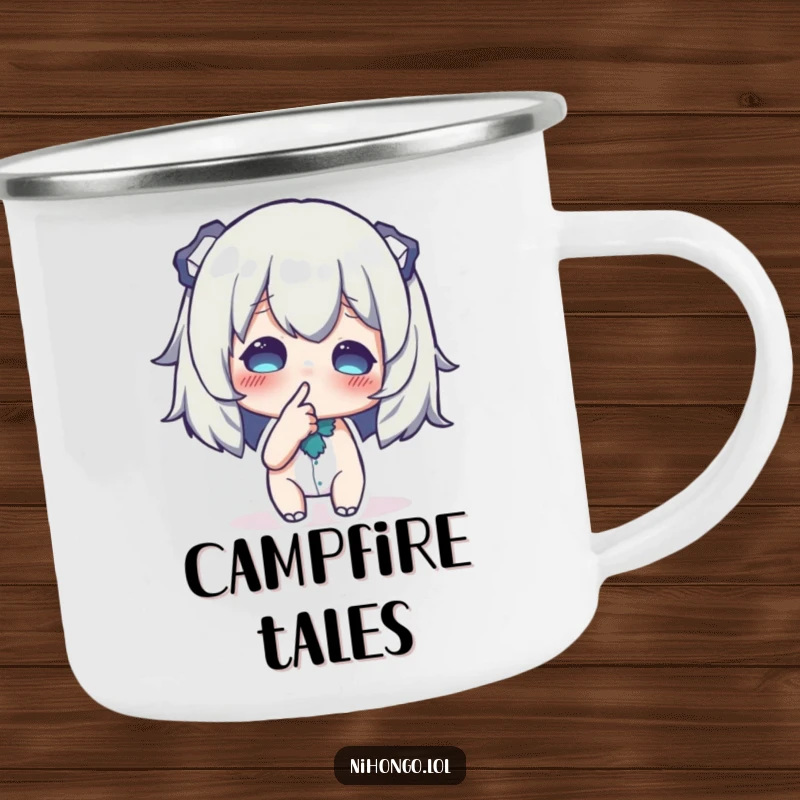 Funny camping mug featuring a character whispering secrets with a finger to lips, ready for a night of hushed tales.