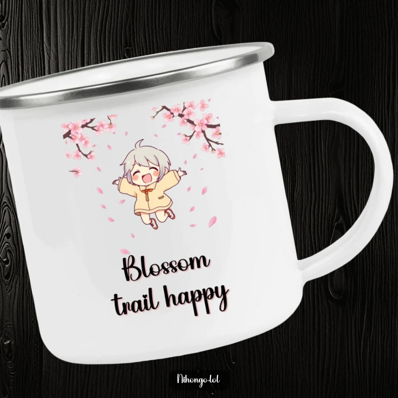 Funny joyful character camping mug with a character leaping with joy amongst cherry blossoms, designed for celebratory outdoor experiences.