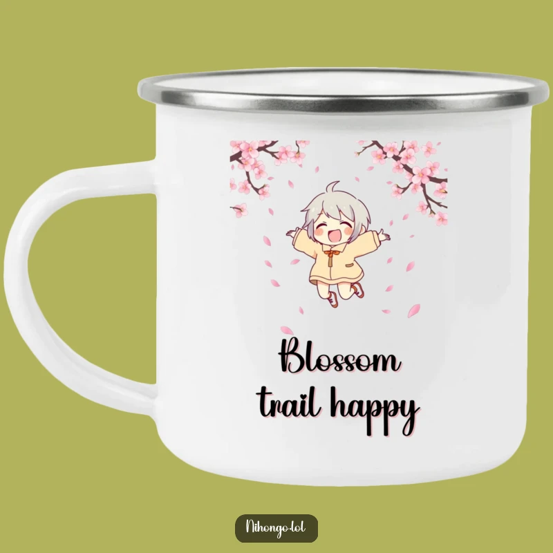 Funny Joyful Character Camping Mug - Celebrate Outdoors with a Hilarious Cherry Blossom Leap