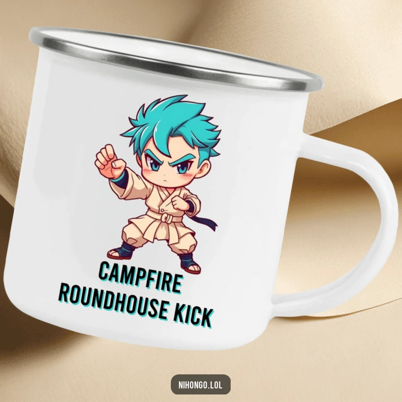Funny camping mug with a determined character in a strong martial arts pose, ideal for outdoor adventures and focus.