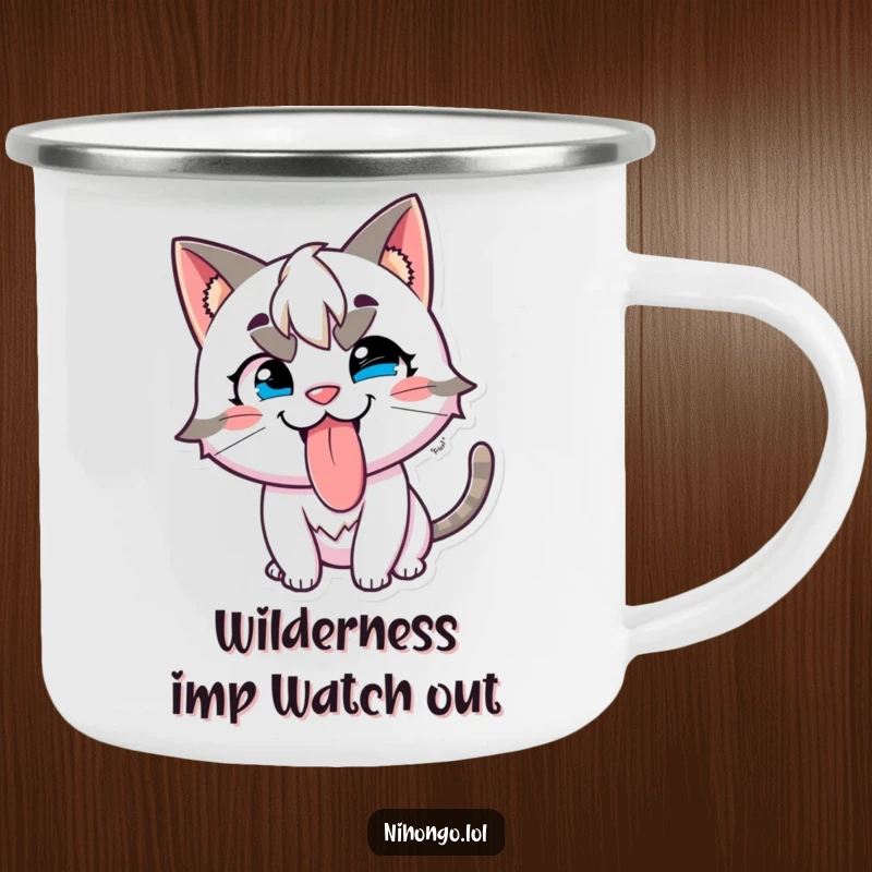 Funny camping mug featuring a mischievous character with cat ears, sticking its tongue out playfully with a grin.