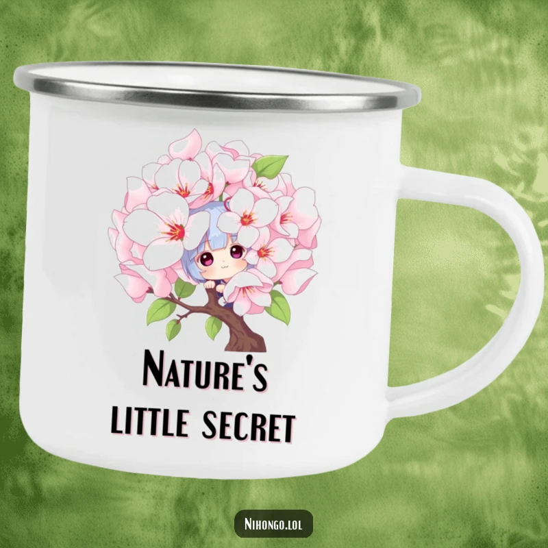 Funny peekaboo camping mug: a playful character peeks from behind cherry blossoms, perfect for outdoor adventures and adding charm.